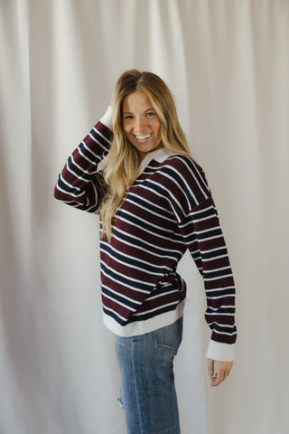 Nina Sweater, Wine/Navy Stripe - The Red Thread Boutique
