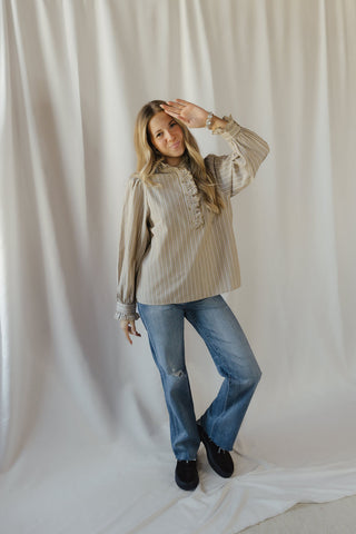 Fay Stripe Ruffle Button Up, Olive Grey - The Red Thread Boutique