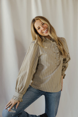 Fay Stripe Ruffle Button Up, Olive Grey - The Red Thread Boutique