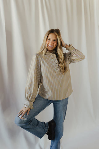Fay Stripe Ruffle Button Up, Olive Grey - The Red Thread Boutique