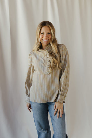 Fay Stripe Ruffle Button Up, Olive Grey - The Red Thread Boutique