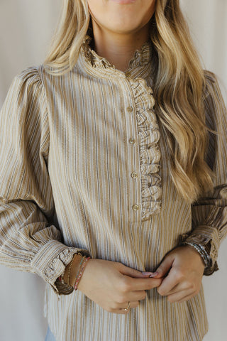 Fay Stripe Ruffle Button Up, Olive Grey - The Red Thread Boutique