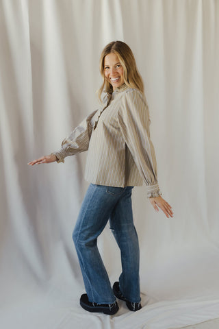 Fay Stripe Ruffle Button Up, Olive Grey - The Red Thread Boutique