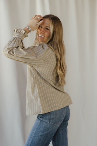 Fay Stripe Ruffle Button Up, Olive Grey - The Red Thread Boutique
