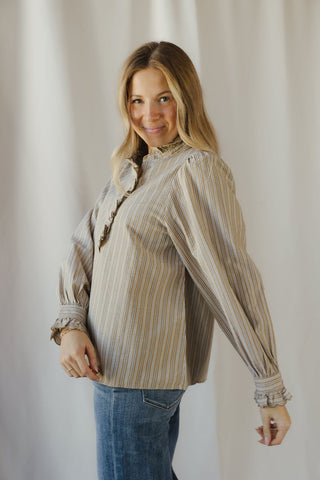 Fay Stripe Ruffle Button Up, Olive Grey - The Red Thread Boutique
