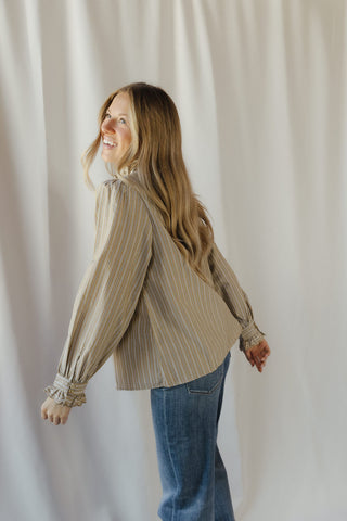 Fay Stripe Ruffle Button Up, Olive Grey - The Red Thread Boutique