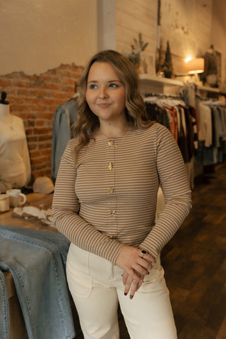 Jewel Button Stripe Top, Taupe