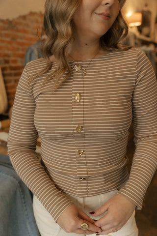Jewel Button Stripe Top, Taupe