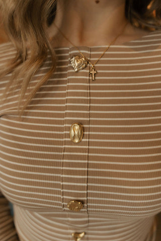 Jewel Button Stripe Top, Taupe