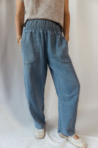 Smocked Waist Pocket Detail Denim Pants