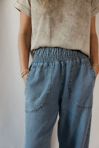 Smocked Waist Pocket Detail Denim Pants