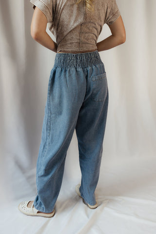 Smocked Waist Pocket Detail Denim Pants