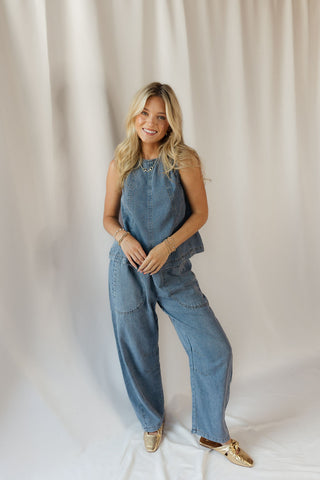 Smocked Waist Pocket Detail Denim Pants