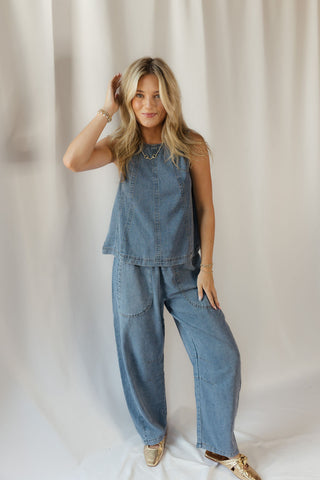 Smocked Waist Pocket Detail Denim Pants