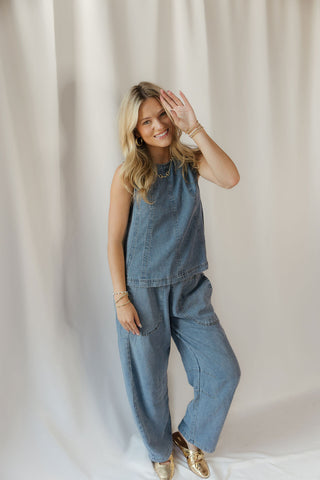 Smocked Waist Pocket Detail Denim Pants