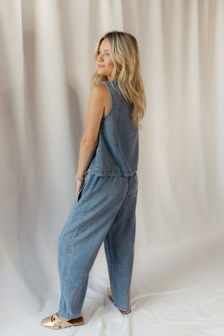 Smocked Waist Pocket Detail Denim Pants