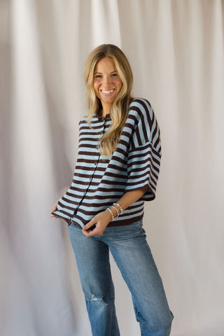 Lenora Stripe Short Sleeve Cardigan, Dark Brown - The Red Thread Boutique