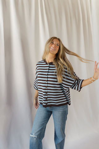Lenora Stripe Short Sleeve Cardigan, Dark Brown - The Red Thread Boutique