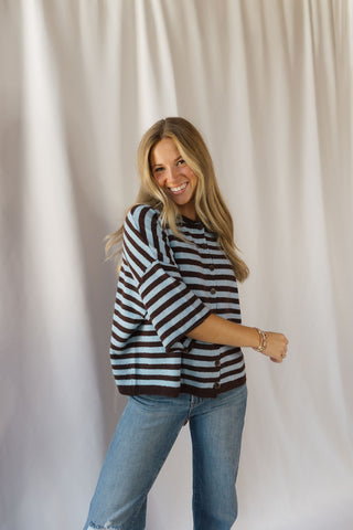 Lenora Stripe Short Sleeve Cardigan, Dark Brown - The Red Thread Boutique