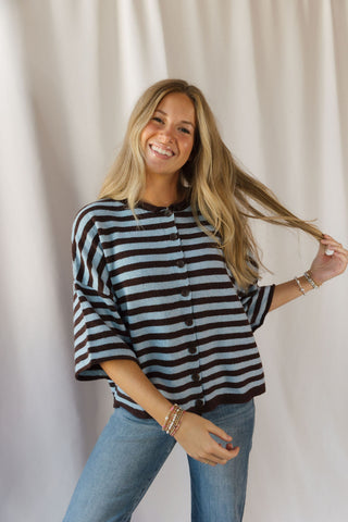 Lenora Stripe Short Sleeve Cardigan, Dark Brown - The Red Thread Boutique