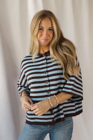 Lenora Stripe Short Sleeve Cardigan, Dark Brown - The Red Thread Boutique