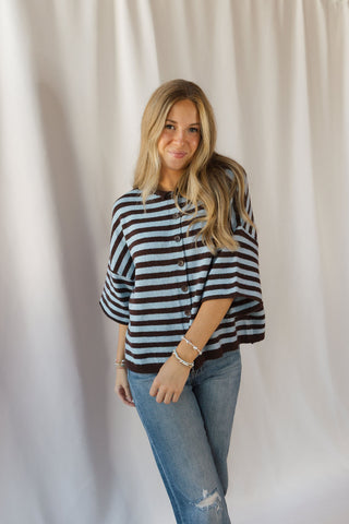 Lenora Stripe Short Sleeve Cardigan, Dark Brown - The Red Thread Boutique