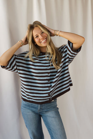 Lenora Stripe Short Sleeve Cardigan, Dark Brown - The Red Thread Boutique