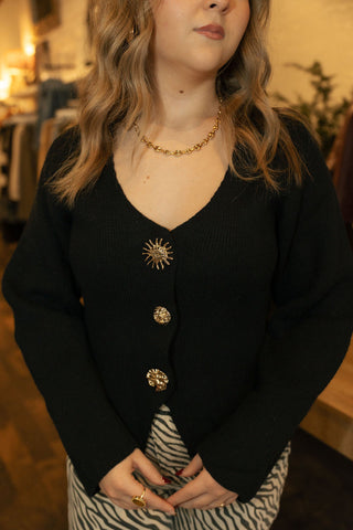 Jeweled Button Cardi, Black