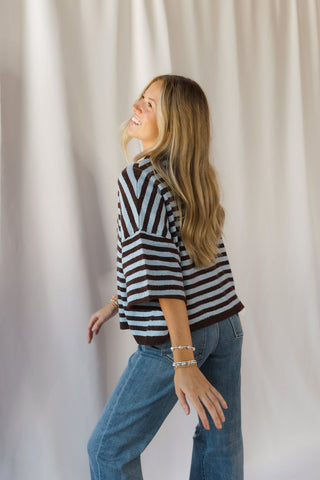 Lenora Stripe Short Sleeve Cardigan, Dark Brown - The Red Thread Boutique