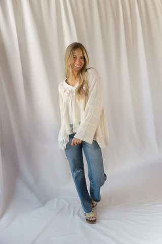 Perry Lace Studded V Neck, Natural - The Red Thread Boutique