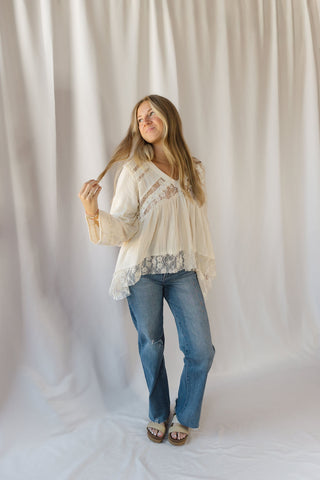 Perry Lace Studded V Neck, Natural - The Red Thread Boutique