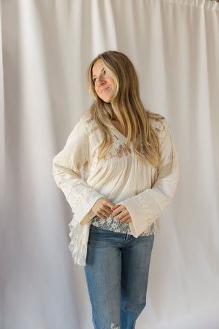 Perry Lace Studded V Neck, Natural - The Red Thread Boutique
