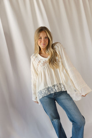 Perry Lace Studded V Neck, Natural - The Red Thread Boutique