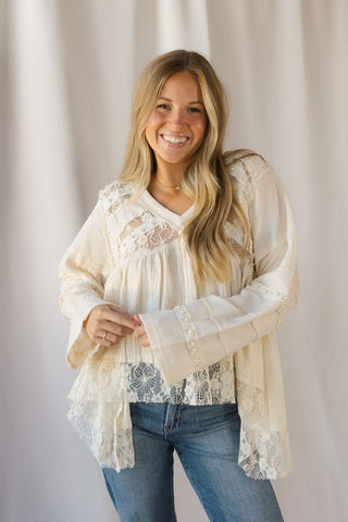 Perry Lace Studded V Neck, Natural - The Red Thread Boutique