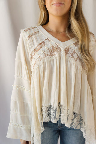 Perry Lace Studded V Neck, Natural - The Red Thread Boutique