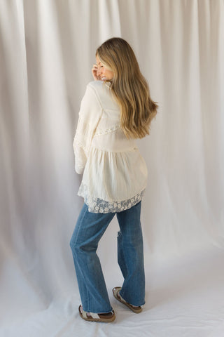 Perry Lace Studded V Neck, Natural - The Red Thread Boutique
