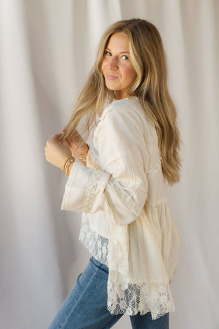 Perry Lace Studded V Neck, Natural - The Red Thread Boutique