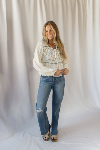 Keely Floral Patched Top, Cream - The Red Thread Boutique