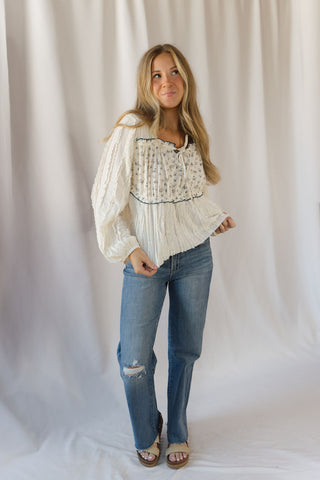 Keely Floral Patched Top, Cream - The Red Thread Boutique