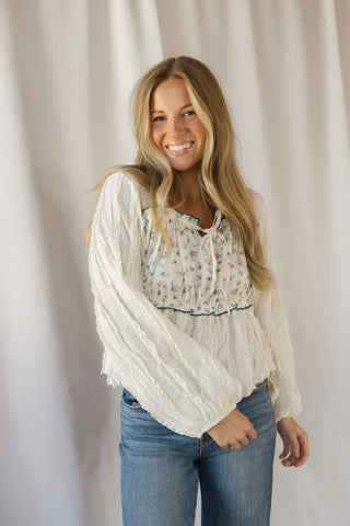 Keely Floral Patched Top, Cream - The Red Thread Boutique