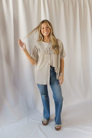 Cecily Button Down Boho Top, Mushroom - The Red Thread Boutique