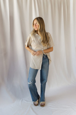 Cecily Button Down Boho Top, Mushroom - The Red Thread Boutique