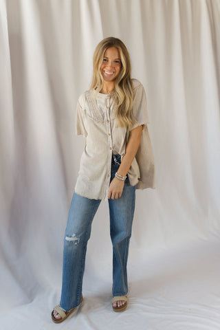 Cecily Button Down Boho Top, Mushroom - The Red Thread Boutique