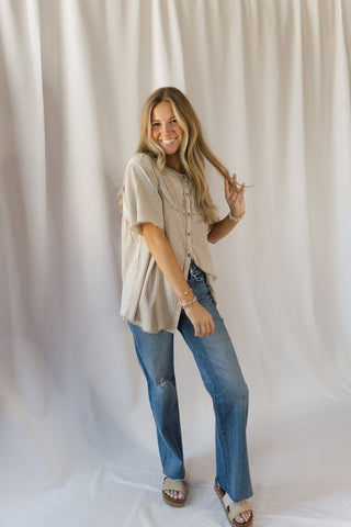 Cecily Button Down Boho Top, Mushroom - The Red Thread Boutique