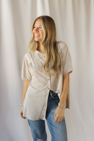 Cecily Button Down Boho Top, Mushroom - The Red Thread Boutique