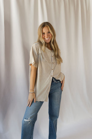 Cecily Button Down Boho Top, Mushroom - The Red Thread Boutique
