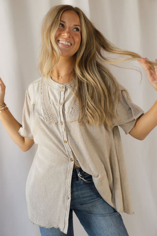 Cecily Button Down Boho Top, Mushroom - The Red Thread Boutique