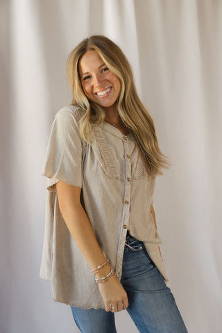 Cecily Button Down Boho Top, Mushroom - The Red Thread Boutique