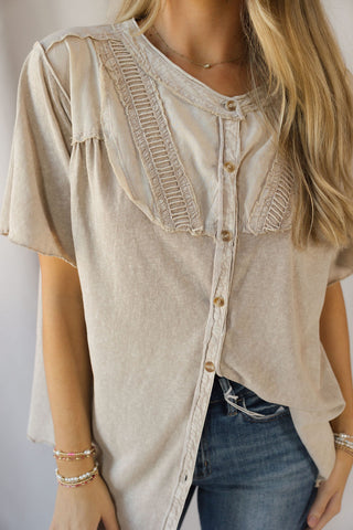 Cecily Button Down Boho Top, Mushroom - The Red Thread Boutique
