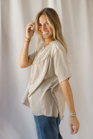 Cecily Button Down Boho Top, Mushroom - The Red Thread Boutique